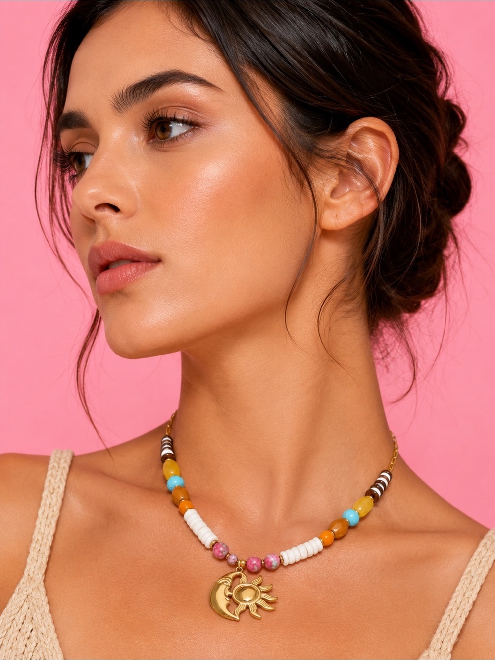 Celestial Sun Moon Gold Beaded Necklace - Picture 5 of 17